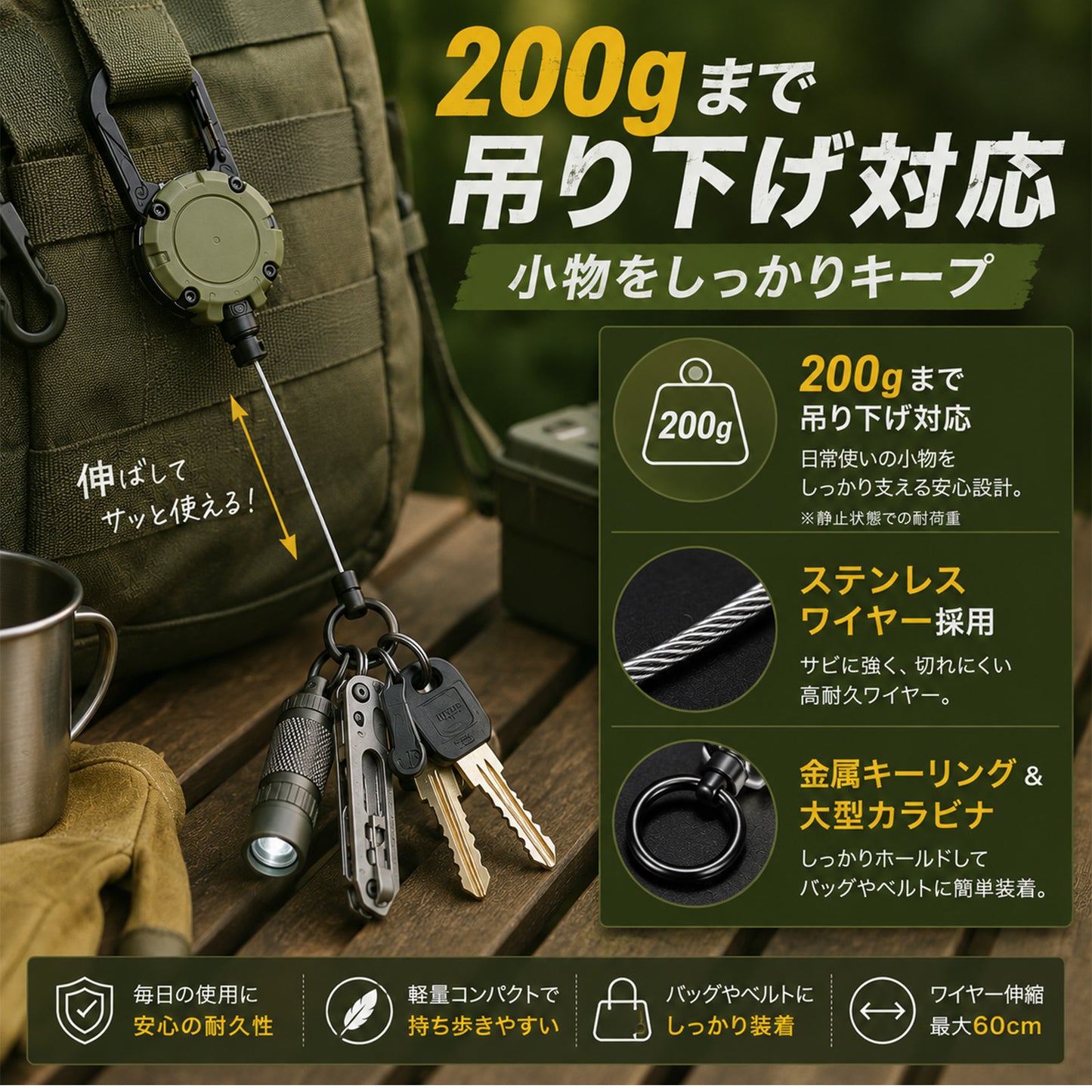 キーリール リールキーホルダー 2個セット カラビナ付き 伸縮 最大60cm ステンレスワイヤー 頑丈 耐荷重200g 落下防止 紛失防止 鍵 パスケース バッグ ベルト 通勤 通学 作業 アウトドア ランドセル