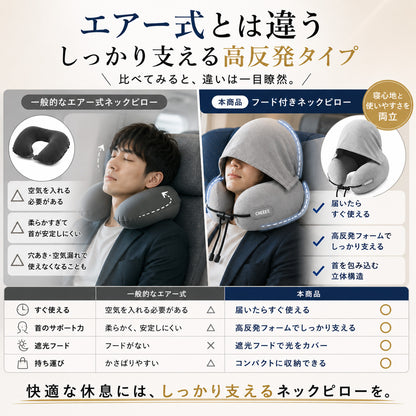フード付きネックピロー 低反発メモリーフォーム 首枕 遮光フード 360度首サポート 飛行機 新幹線 夜行バス 出張 旅行 オフィス 仮眠 コンパクト収納袋付き
